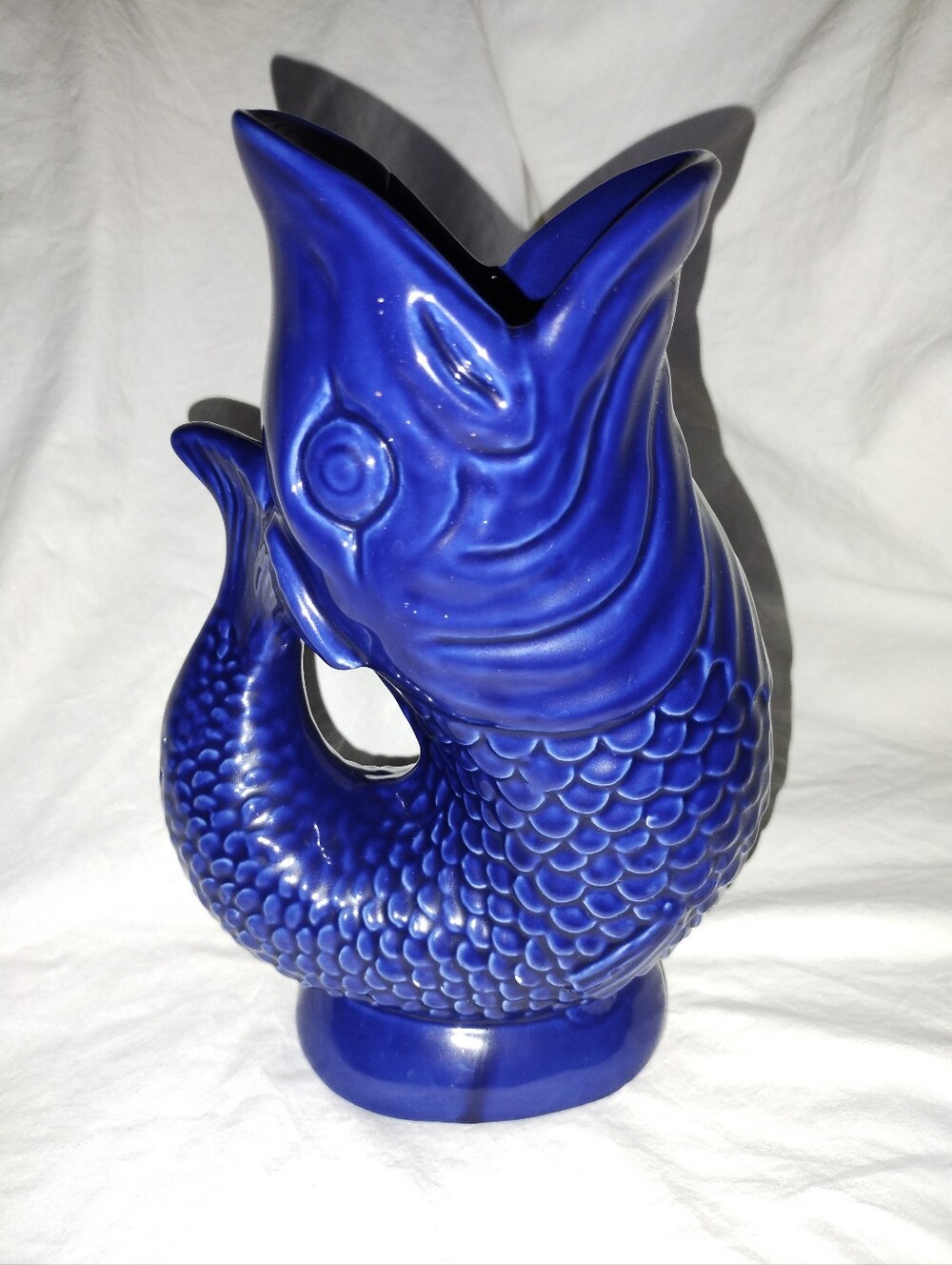 Vintage Blue Ceramic Koy Fish Pitcher Vase 8 1/2" Tall Made in Portugal Nautical